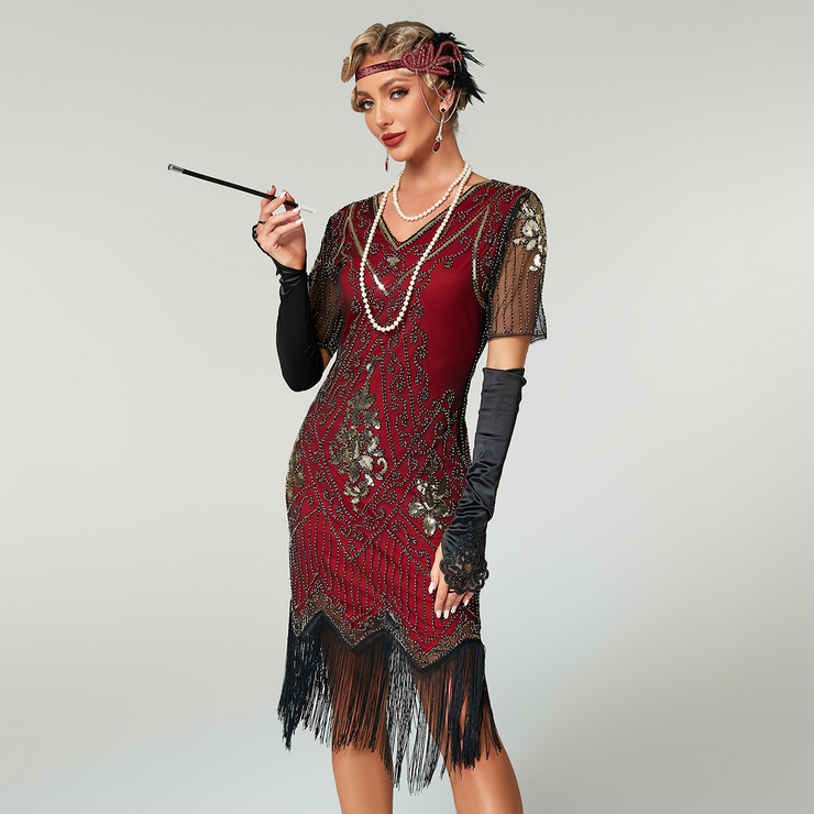 Sequin Short Sleeves Fringe Flapper Dress