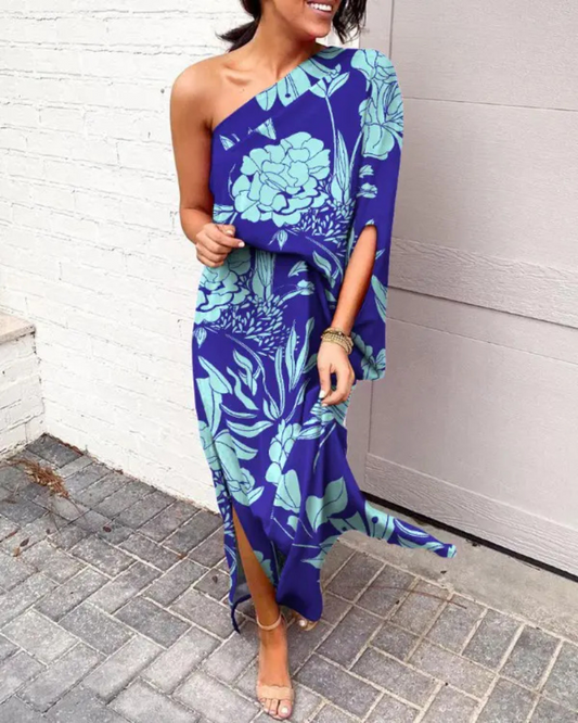 Floral Printed One Shoulder Split Hem Maxi Dress