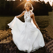 White Halter Neck Sleeveless Lace Wedding Dress