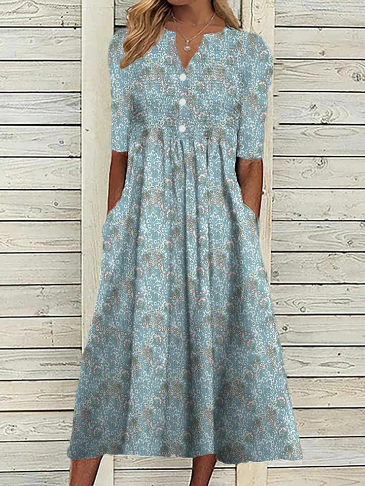 V Neck Short Sleeves Floral Casual Dress