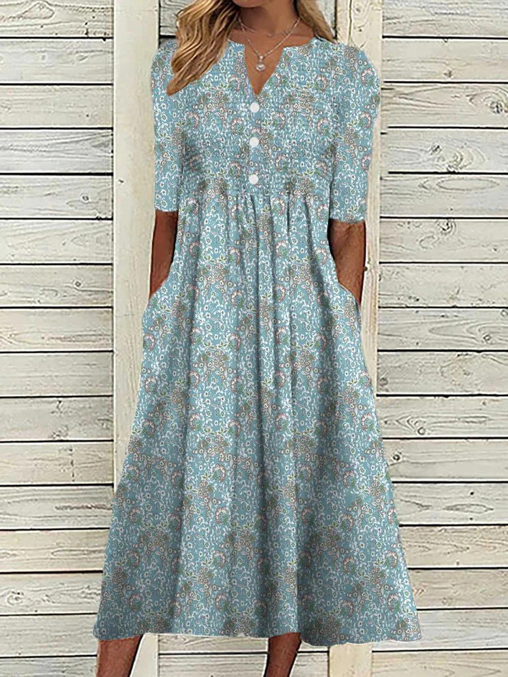 Blue V Neck Casual Short Sleeve Floral Midi Dress