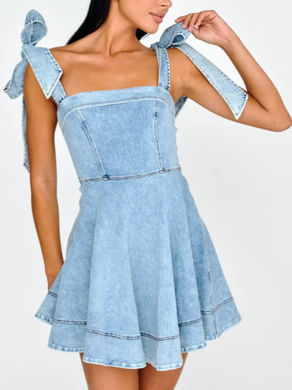 Denim Bow Shoulder Mini Dress