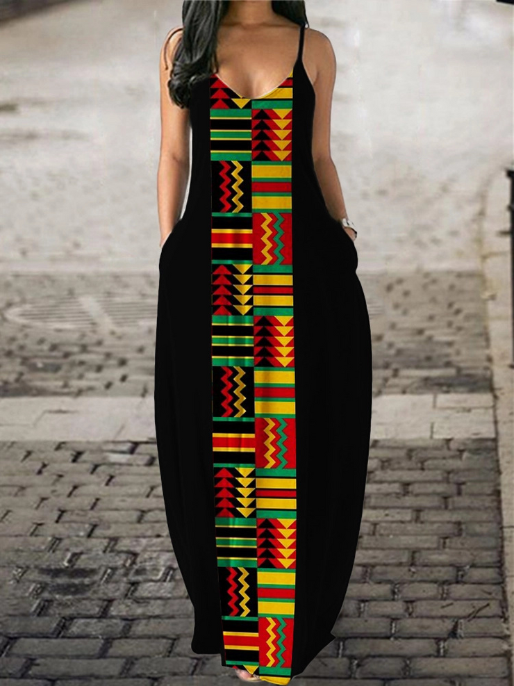 Printed V-Neck Sleeveless Maxi Dress