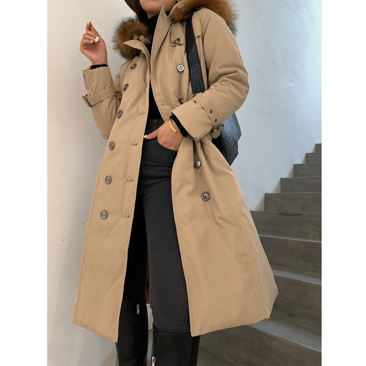 Double Breasted Belted Hooded Coat