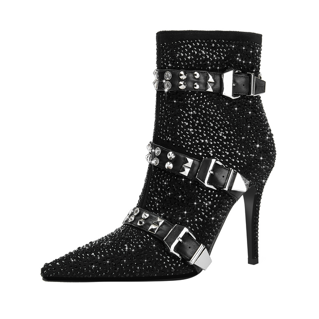 Diamond Belt Buckle Pointed High Heels Women's Short Boots