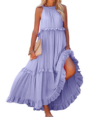 Ruffled Sleeveless Tiered Maxi Dress with Pockets