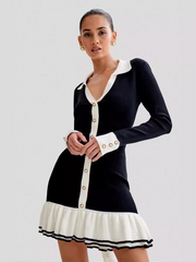 Bow Tie Ruffle Pearl Button Long Sleeve Knit Dress