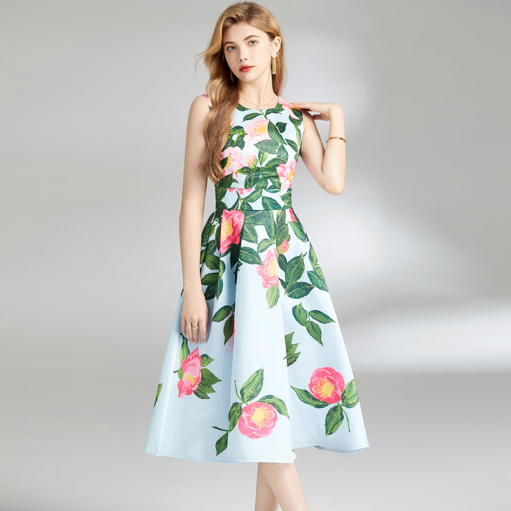 Minty Floral Printed Tie-Strap Midi Dress