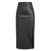 Ruched Faux Leather Slit Midi Skirt