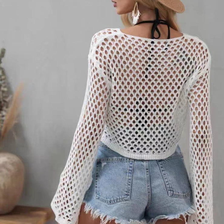 Sheer Crochet Long Sleeve Swim Cover-Up Top