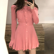 Ribbed Long Sleeve Round Neck Button Down Pleated Dress