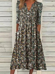 Casual Floral Printed V Neck Long Sleeves Midi Dress