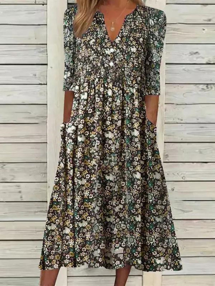 Casual Short Sleeve Woven V Neck Floral Midi Dress