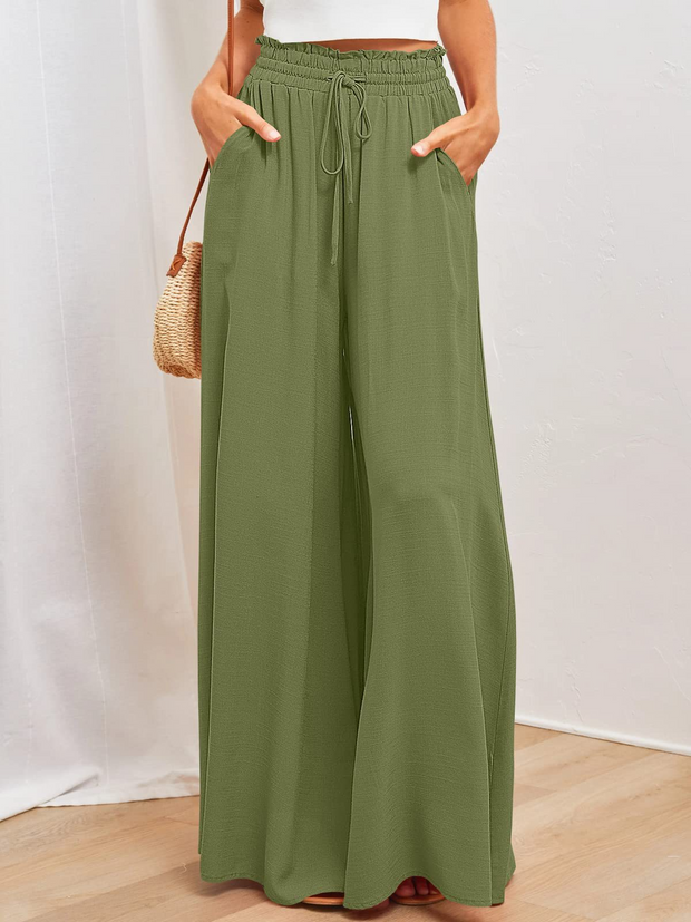 Plain Casual Wide Leg Shirred Waist Pants