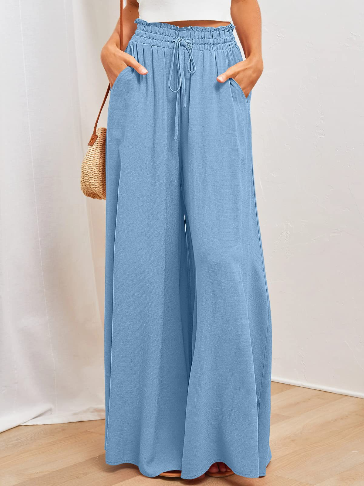 Plain Casual Wide Leg Shirred Waist Pants