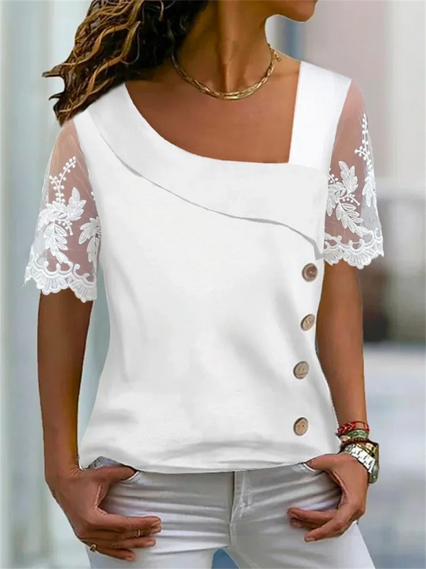 White Casual Asymmetrical Neck Mesh Sleeves Top