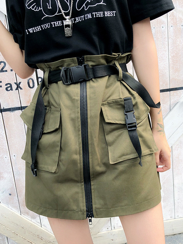 Buckle Waist Zip Up Cargo Mini Skirt