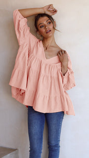 Oversized V-Neck Casual Sweet Loose Tiered Top