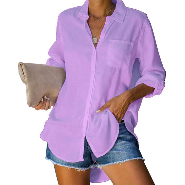 Basic Collar Pocket Holiday Solid Cotton Blouse Shirt