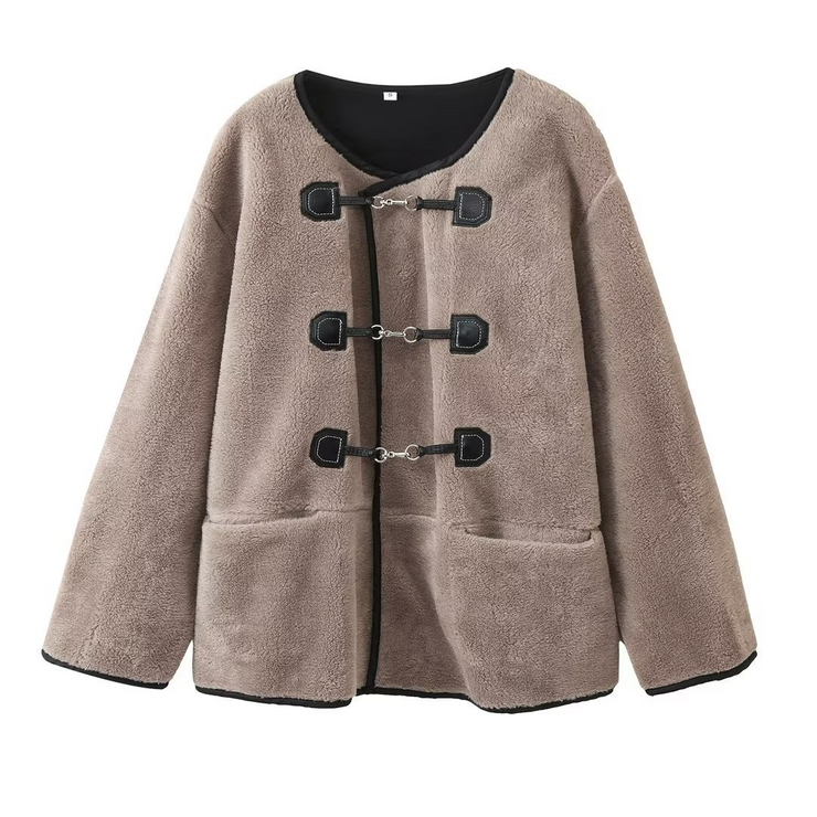 Fleece Round Neck Metal Buckle Coat