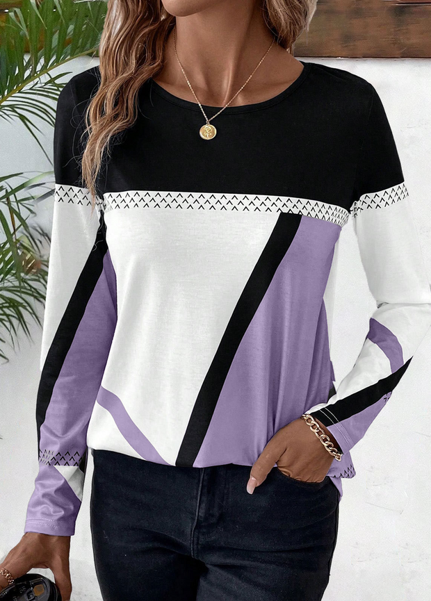 Geometric Print Light Purple Round Neck T Shirt