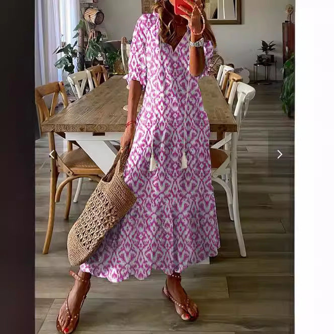 Women's V Neck Half Sleeve Floral Print Maxi Dress