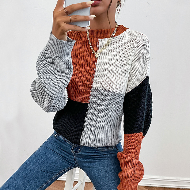 Multi Color Patchwork Long Sleeve Round Neck Sweatshirt