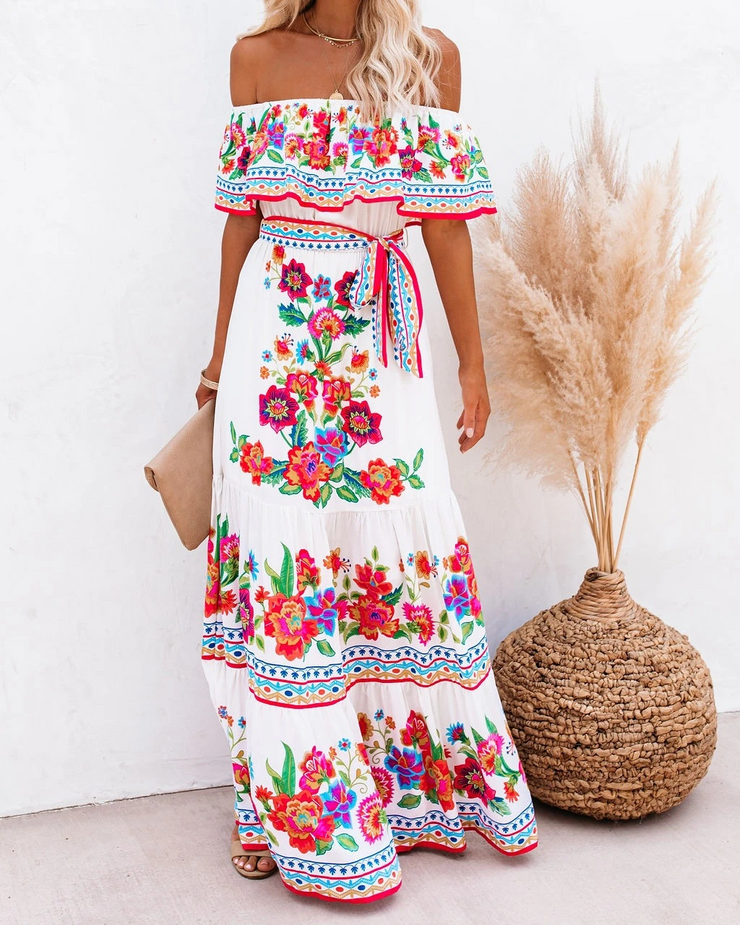 Floral Chiffon Off Shoulder Ruffled Tiered Maxi Dress