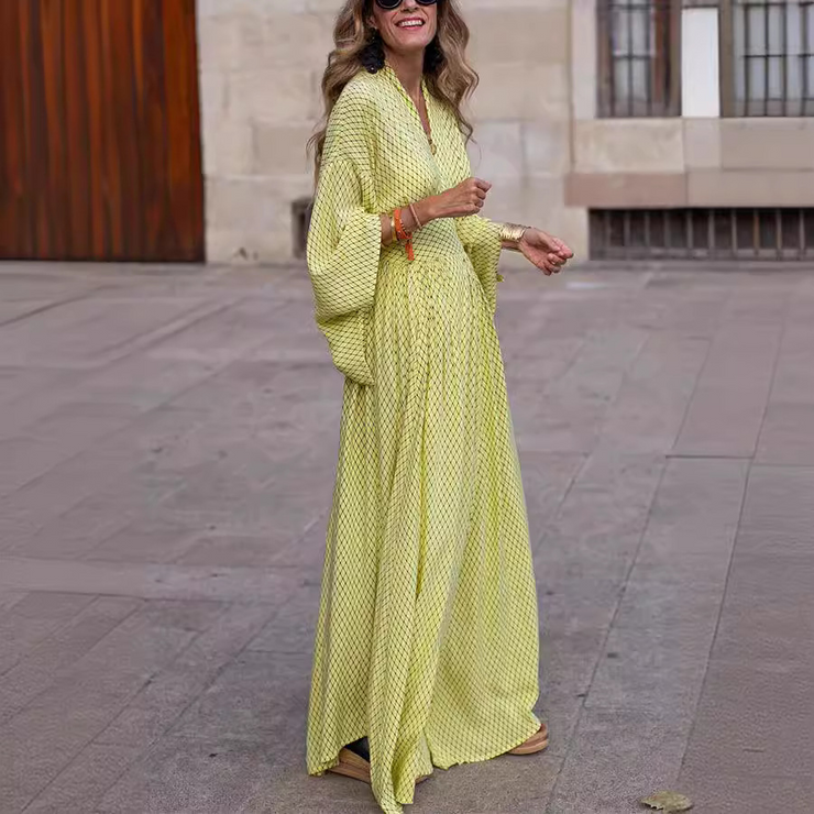 Printed Deep V Neck Long Sleeves Maxi Dress