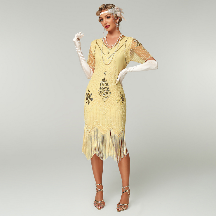 Sequin Short Sleeves Fringe Flapper Dress