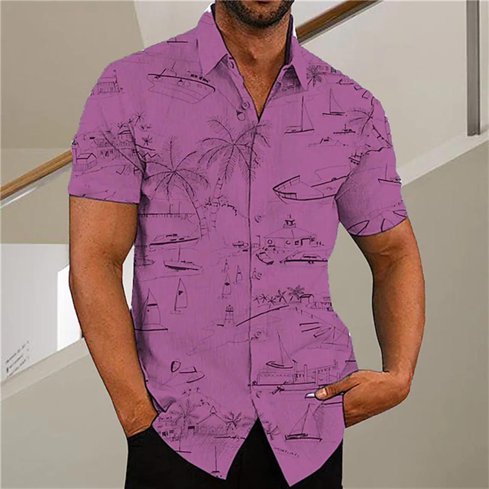 Coconut Tree Printed Turndown Collar Button Down Shirt