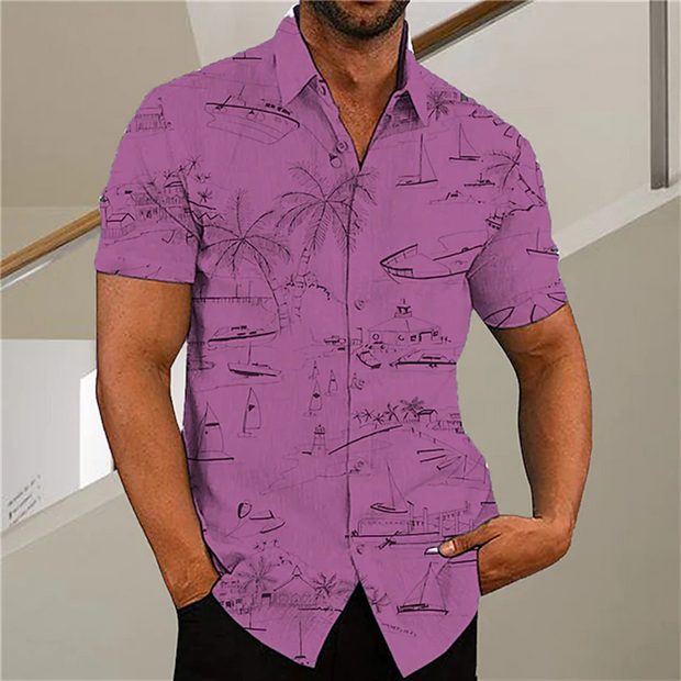 Coconut Tree Printed Turndown Collar Button Down Shirt