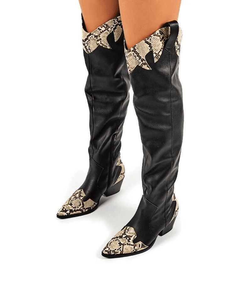 Pointy Toe Python Embossed Western Thigh-High Boots