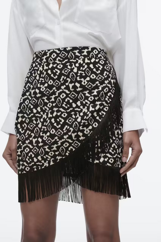 Printed Tassel Trim Fringe Hem Wrap Mini Skirt