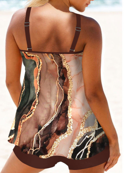 Circular Ring Marble Print Brown Tankini Set