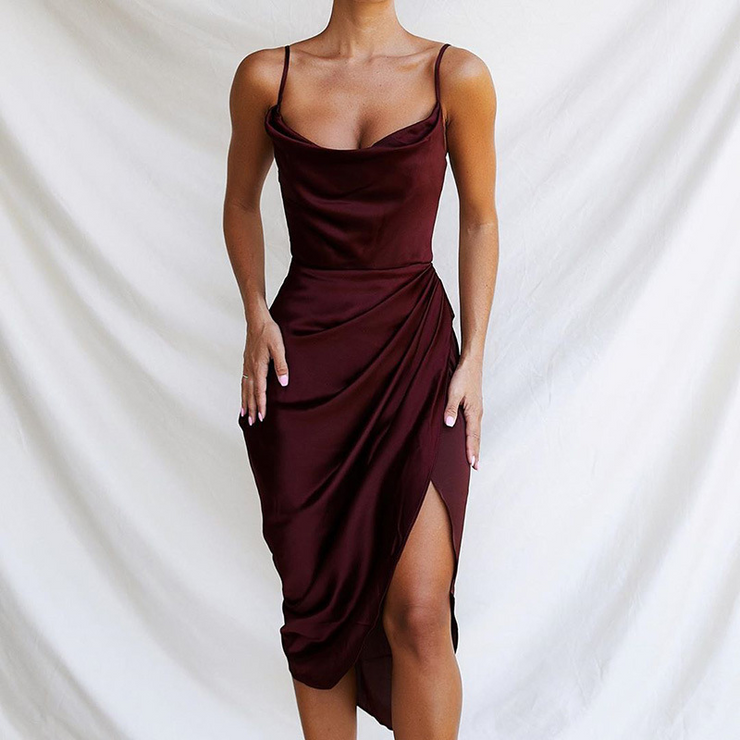 Satin Spaghetti Strap Sleeveless Front Split Bridesmaid Dress