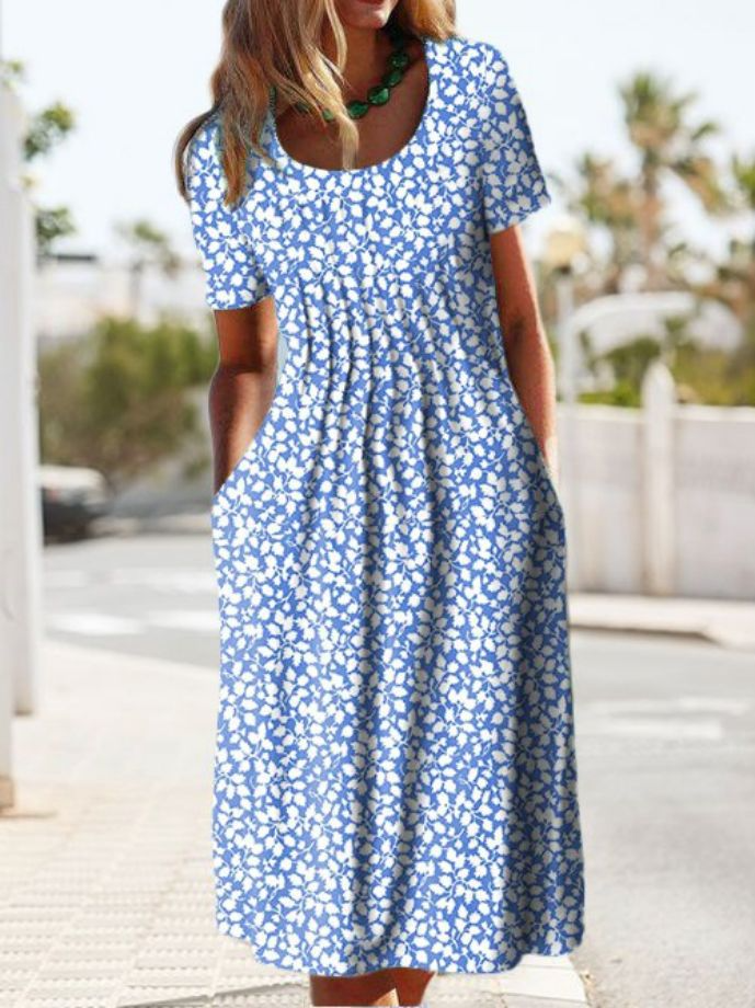 Round Neck Floral Printed Midi Dress