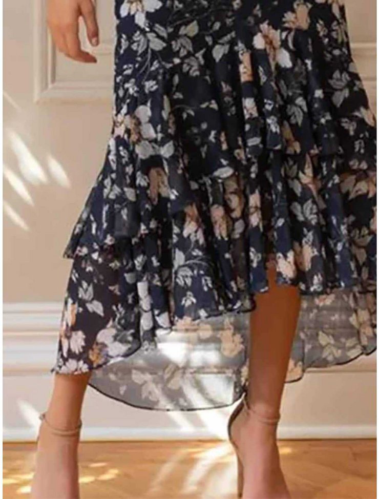 Chiffon Navy Floral Printed V Neck Dress