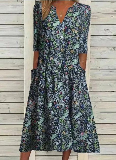 Women's Casual V Neck Short Sleeve Floral Midi Dress