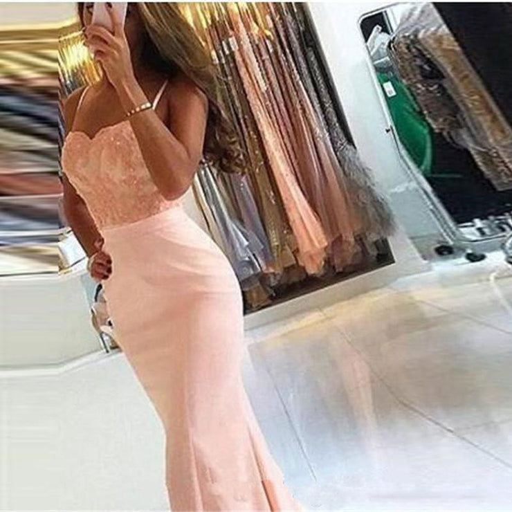 Light Pink Suspender Fishtail Long Prom Dress