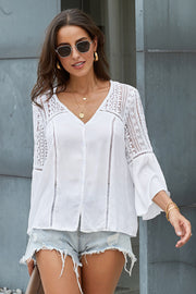 Ruffles V-Neck Buttons Flared Sleeves Hollow Casual Top