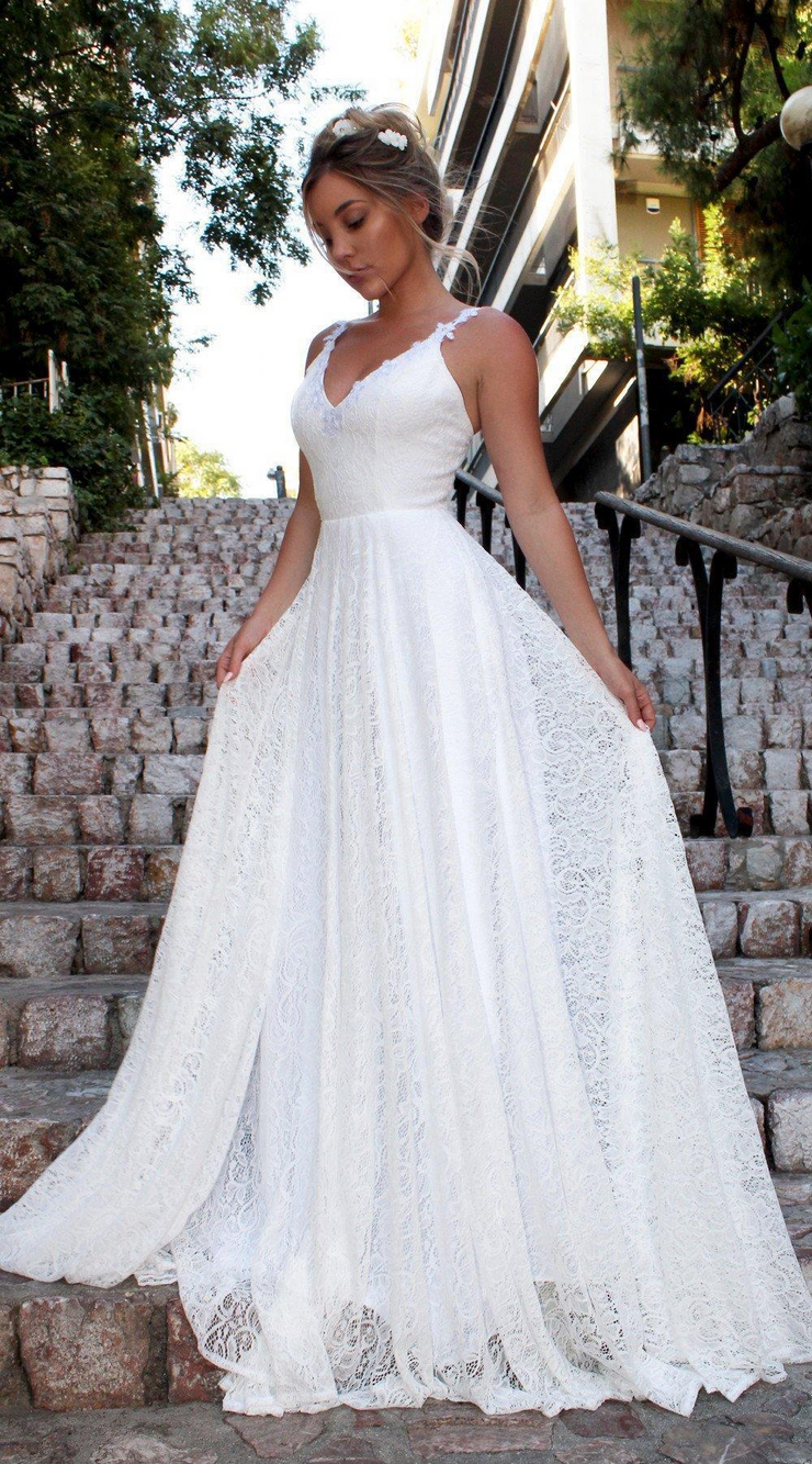 Deep V Neck Sleeveless A-Line Wedding Dress