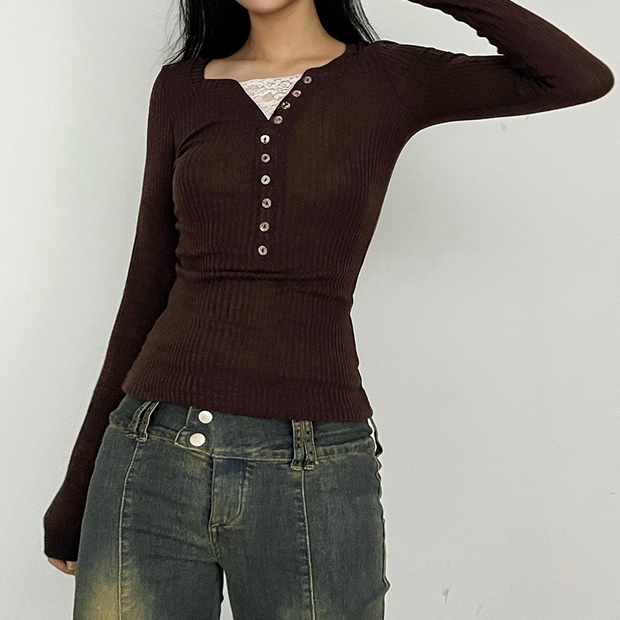 Lace Paneled Button Long Sleeve Knit Top