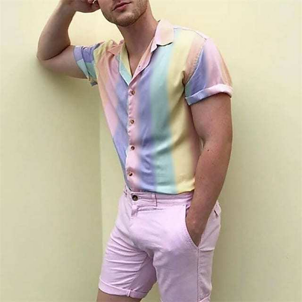 Collared Short Sleeves Rainbow 3D Printed Shirt