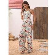 Corduroy Floral Printed Wide Leg Jumpsuit