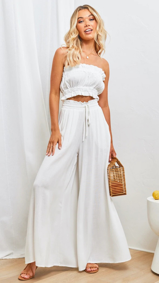 Plain Casual Wide Leg Shirred Waist Pants