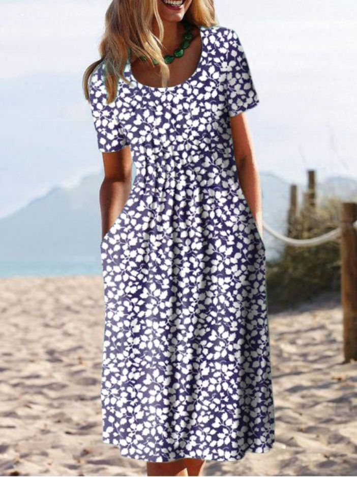 Round Neck Floral Printed Midi Dress