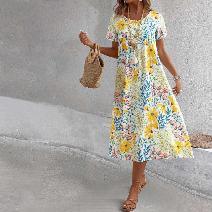 Yellow Floral Printed A-Line Casual Dress