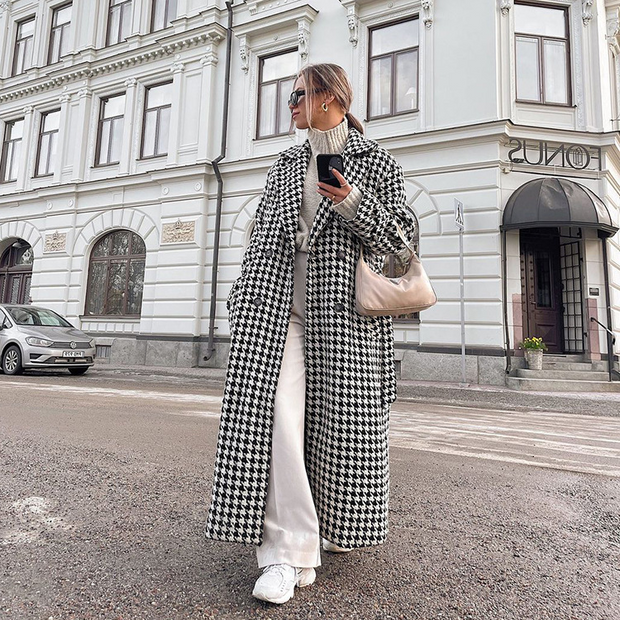 Houndstooth Notched Lapel Belted Long Coat