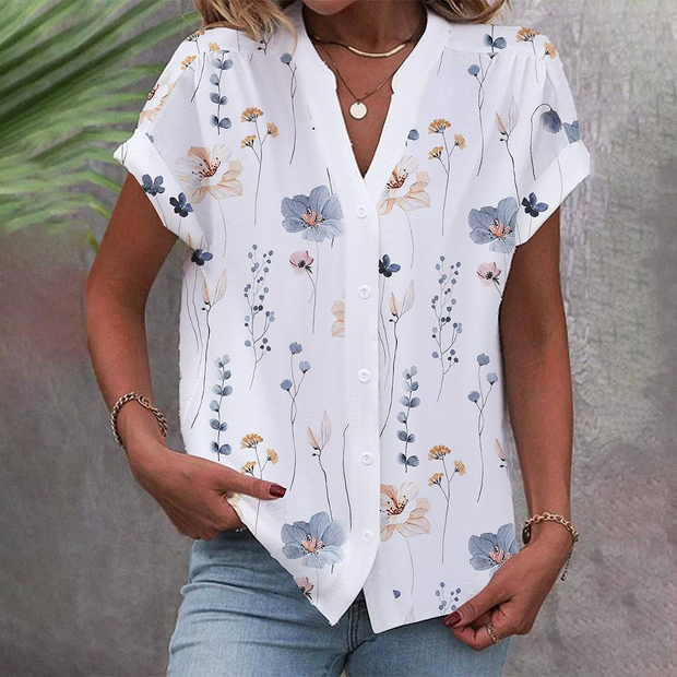 White Floral Printed Button Front Loose Top